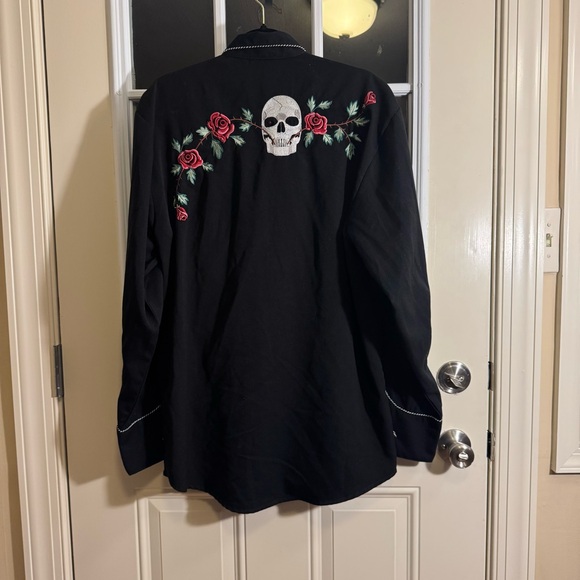 Vintage Scully Skull Rose Western Embroidered Pearl Snap Black Button Up Size L - Picture 10 of 15